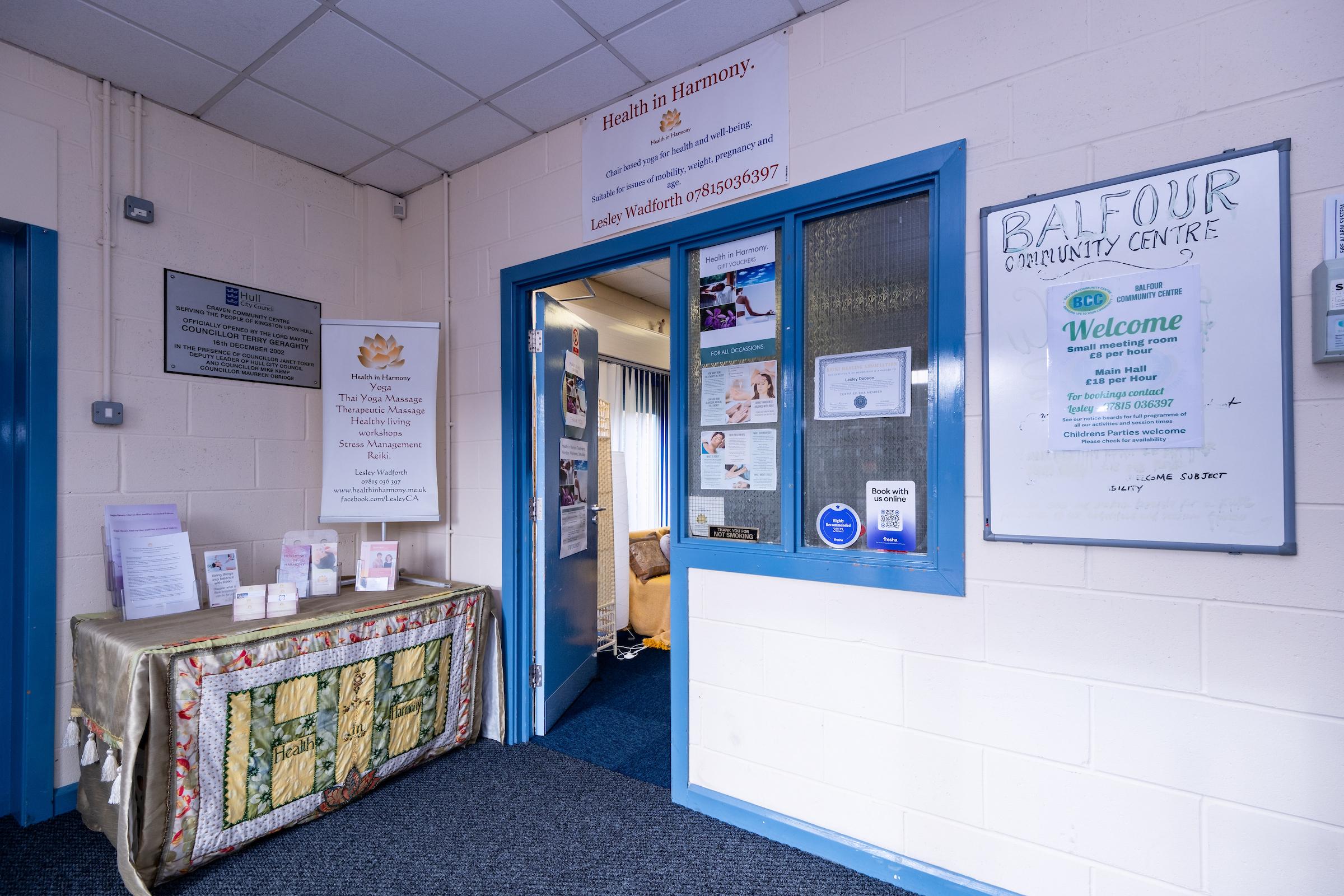 A photograph showing the reception area at the Balfour community centre