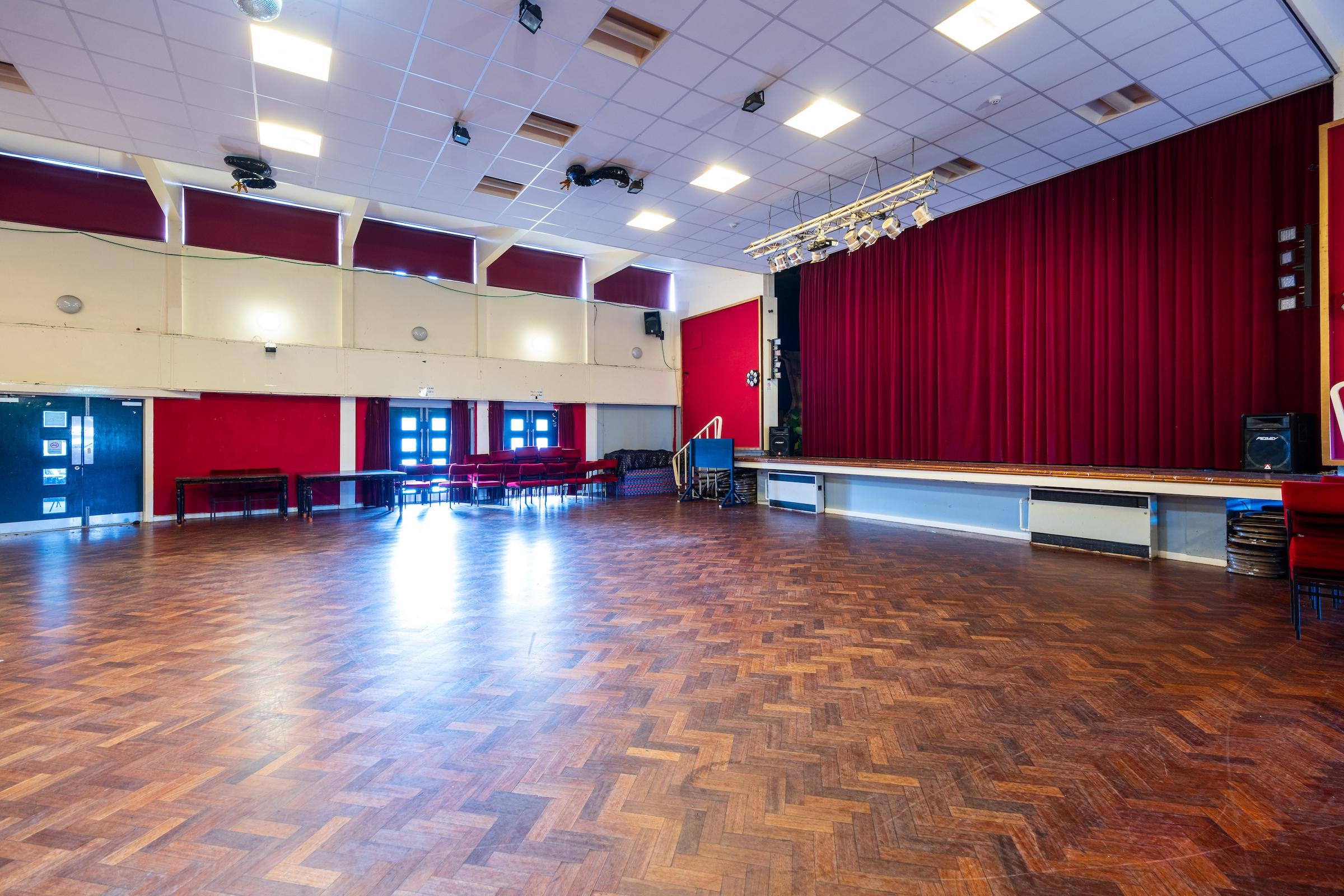 A photograph from right to left of the main hall at Eastmount community centre