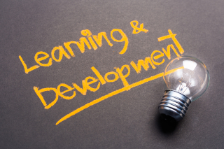 Learning and development written on a blackboard with a lightbulb next to it