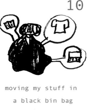 A hand drawn card from the cards you're dealt game. It has a drawing of a bin bag with the text 'Moving my stuff in a black bin bag'.