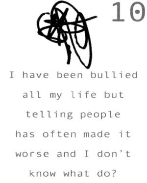 A hand drawn card from the game The Cards You're Dealt it says I have been bullied all my life but telling people has often made it wore and I don't know what to do