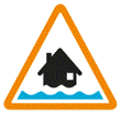 Flood alert - Prepare. This sign has an orange border with a black house surrounded by one row of water