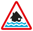 Flood warning - Act. This sign has a red border with a black house surrounded by two rows of water