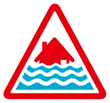 Severe Flood warning - Survive. This sign has a red border with a red house surrounded by three rows of water