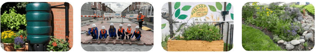 A banner of different types if SuDS. From left to right - a water butt, permeable paving, rain planters and rain gardens.