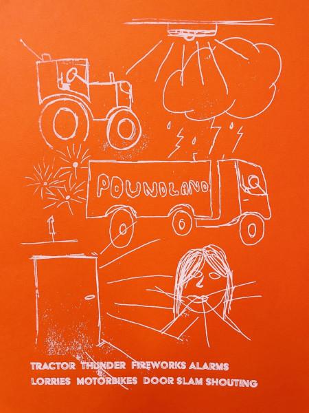 Artwork of a white alarm, tractor, storm cloud, lorry, fireworks, a person shouting, and a slamming door on a orange background with the white text 'Tractor thunder fireworks alarms lorries motoebikes door slam shouting.'